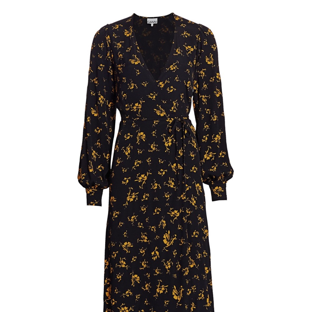 GANNI long sleeve floral wrap dress